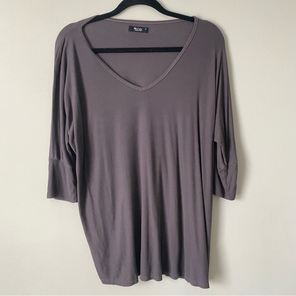 Michael Lauren brown v neck micro ribbed quarter sleeve oversized top medium - Picture 2 of 8